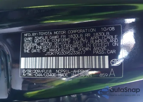 2009 Toyota Yaris from USA, damaged, VIN JTDKT903095233617